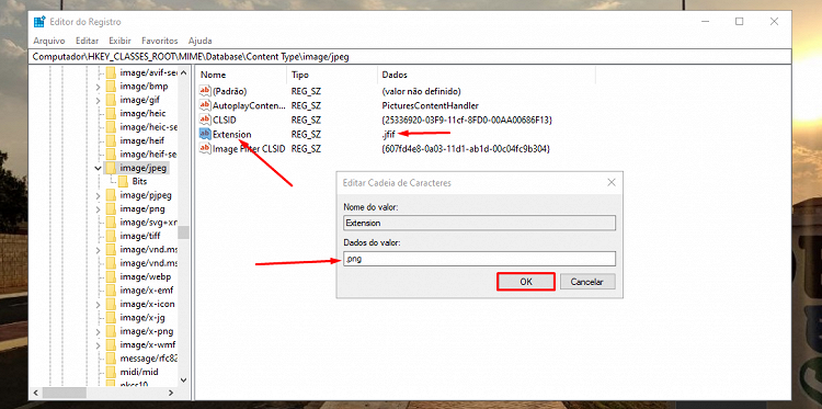 editor de registro, siga o caminho: HKEY_CLASSES_ROOT > MIME > Database > Content Type > image